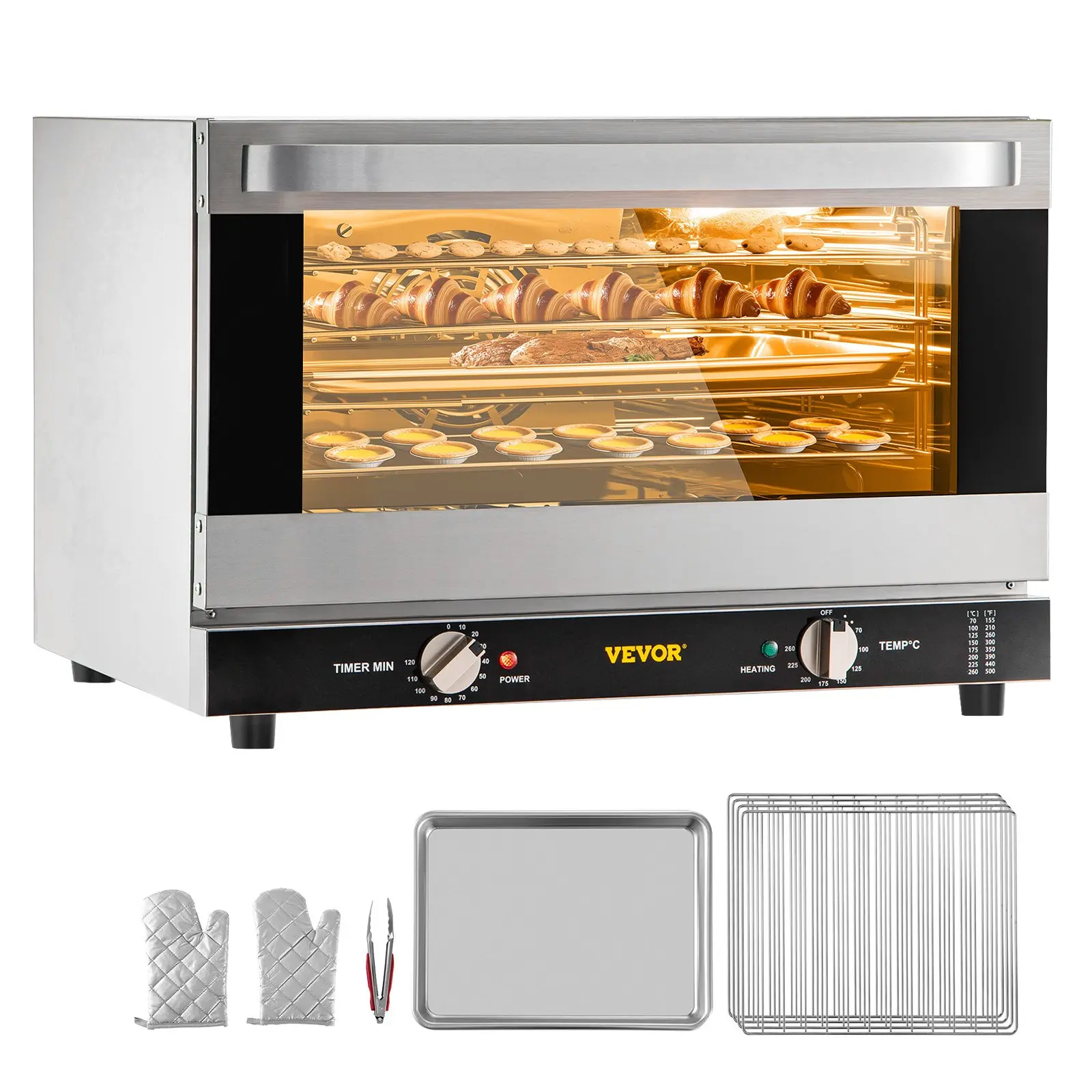 VEVOR Commercial Convection Oven, 47L/43Qt, Half-Size Conventional Oven Countertop, 1600W 4-Tier Toaster with Front Glass Door, Electric Baking Oven with Trays Wire Racks Clip Gloves, 120V, ETL Listed
