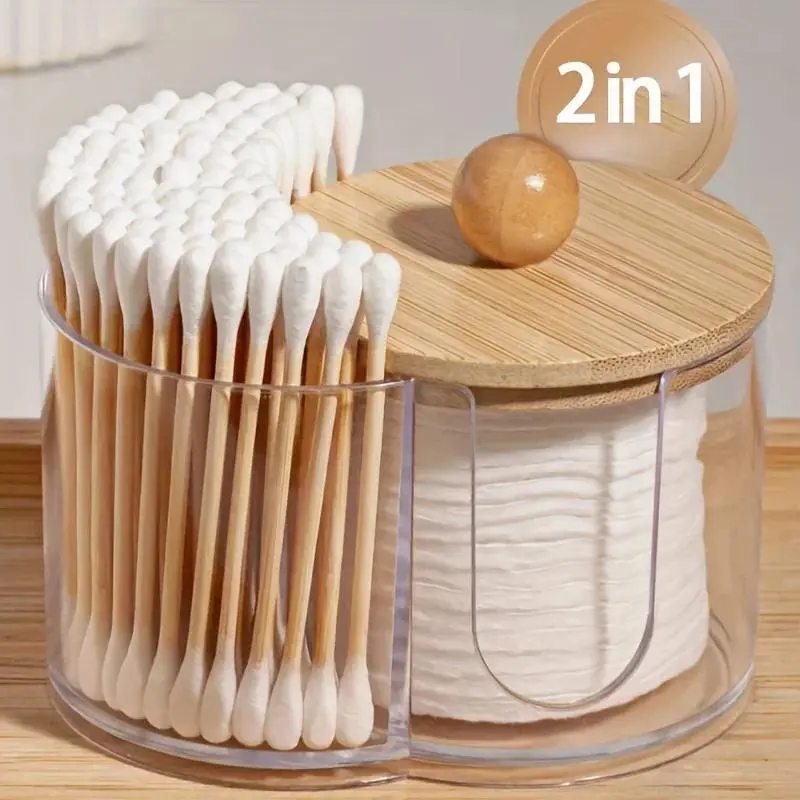 2 in 1 Makeup Organizer Box with Bamboo Lid, Clear Divided Storage Canister for Cotton Swabs and Cotton Pads, Dustproof Lined Holder for Cotton Pads & Cotton Swabs, Compartment Storage Container for Skincare Supplies on Vanity Desktop