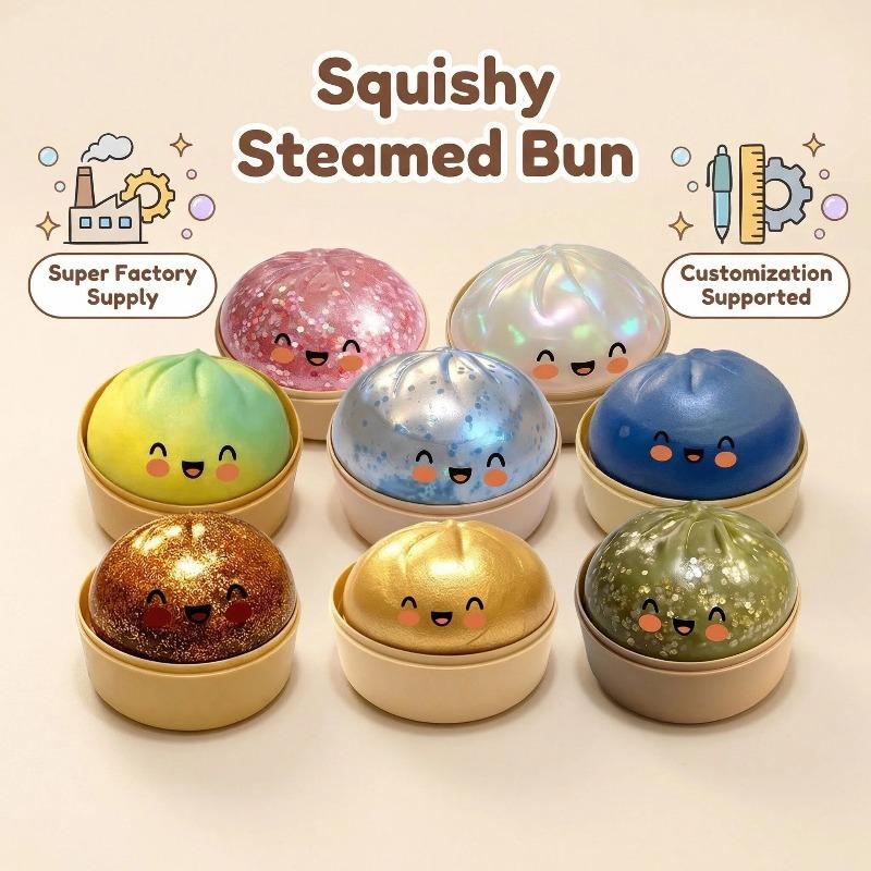 Blind Box 2026 New Glitter Dumpling Squishy with Steamer Box, Soft Sensory Fidget Steamed Bun Squeeze Toy for Adult Stress & Anxiety Relief