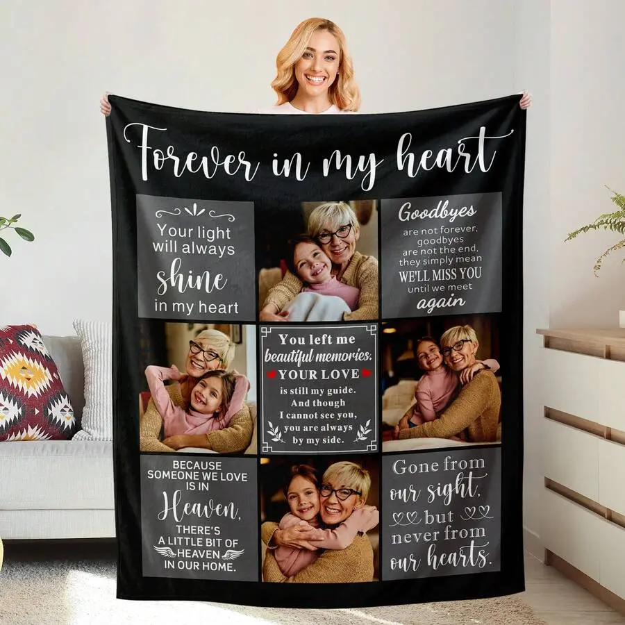 Custom Forever In My Heart Photo Flannel Blanket, Memorial Loved One Personalized Soft Throw, Cozy Warm Remembrance Sympathy Gift for Family, Bereavement Home Decor for Couch Sofa Bed, AC Room Summer Blanket, Condolence Keepsake Gift