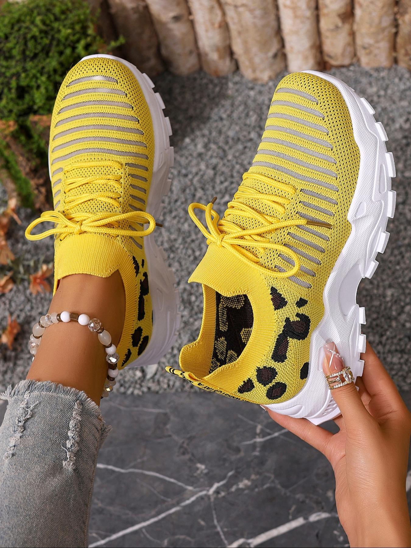 Women's Fashion Leopard Print Lace Up Low Top Sneakers, Casual Comfortable Breathable Sports Knitted Running Shoes, All-match Basic Shoes for Daily Wear, Fashionable Running Shoes