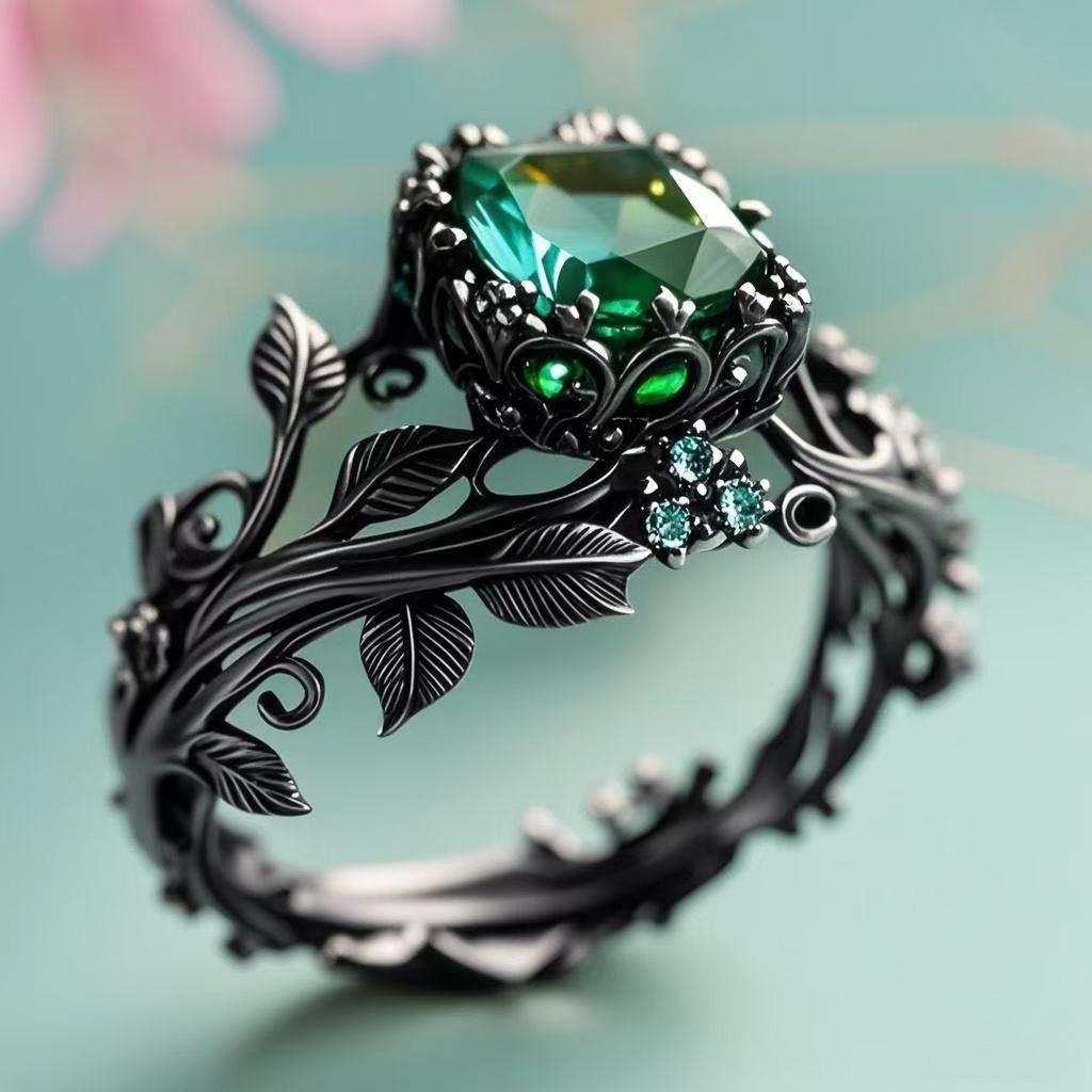 Nature Inspired Wish Totem Ring Vintage Alloy Inlaid Green Crystal Bohemian Stackable Statement Ring