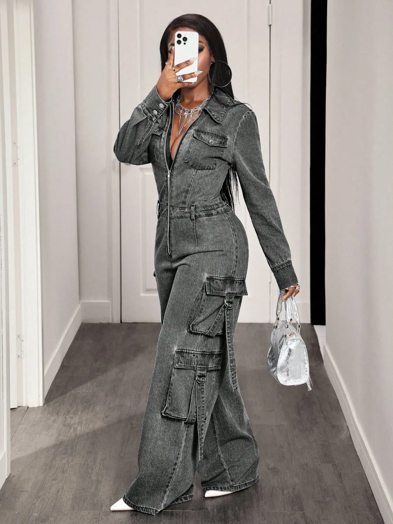 Casual Workwear Denim Overall, Long Sleeve Turn-Down Collar, Front Zipper, Multiple Pockets, Tie Detail, Wide Leg Jeans, Denim Overalls Jumpsuit