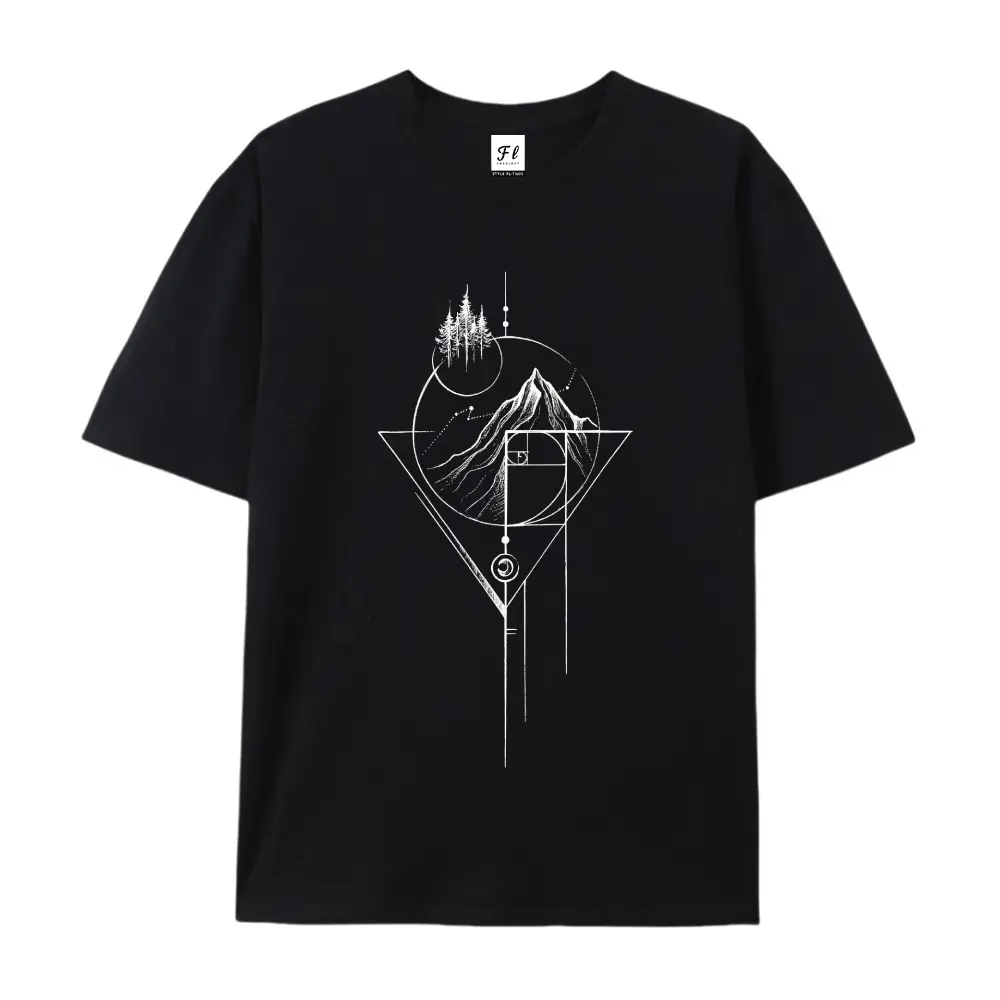 Men's Unisex Wear Cotton Fabric Round Neck Shortsleeve Tops, Loose-Fit Fibonacci Mountains T-shirt