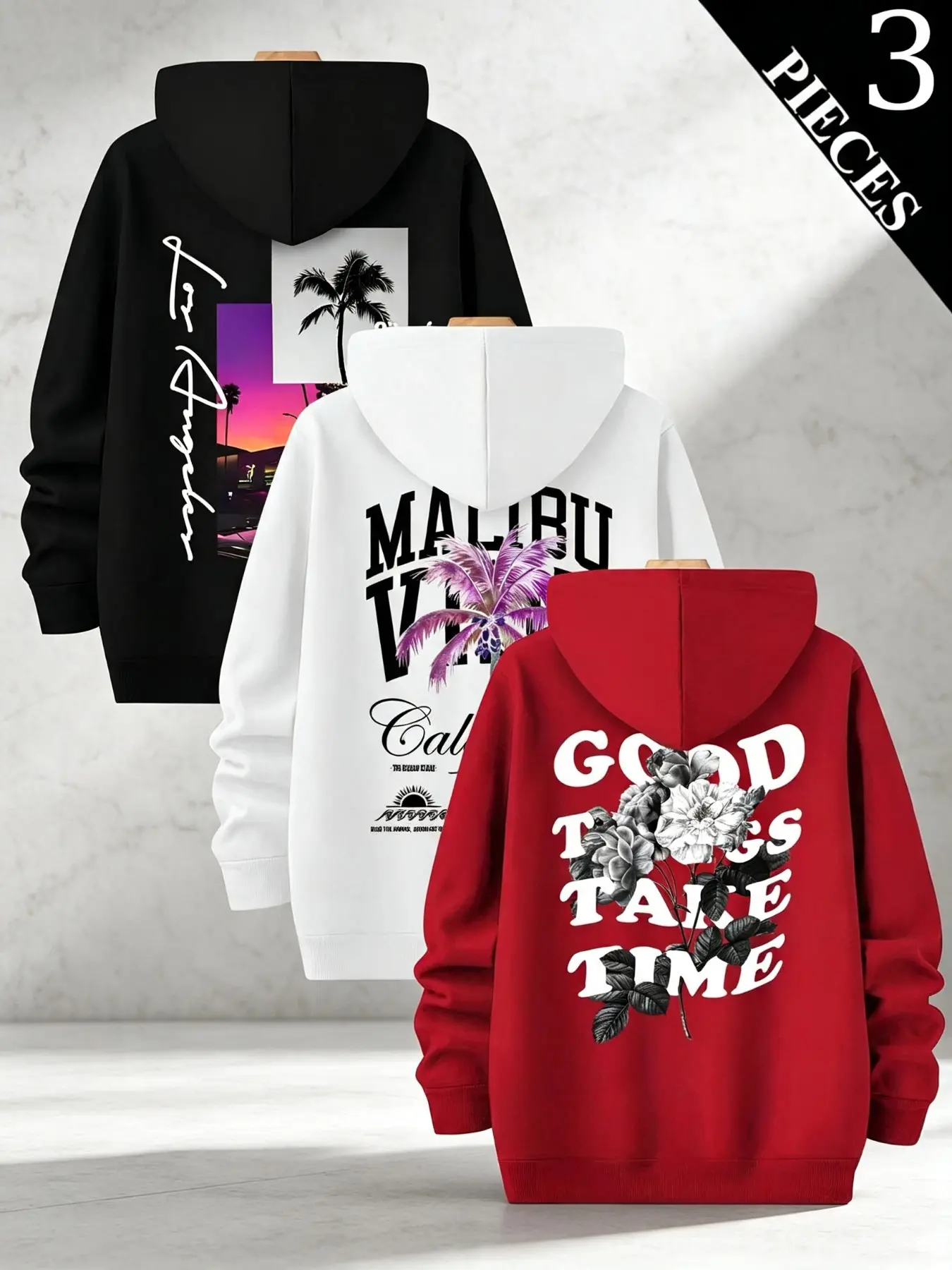 3-Pack Men's Loose Fit Hooded Sweatshirts, Vintage California Letter Floral Print Long Sleeve Pullover, Casual Fall Winter Apparel