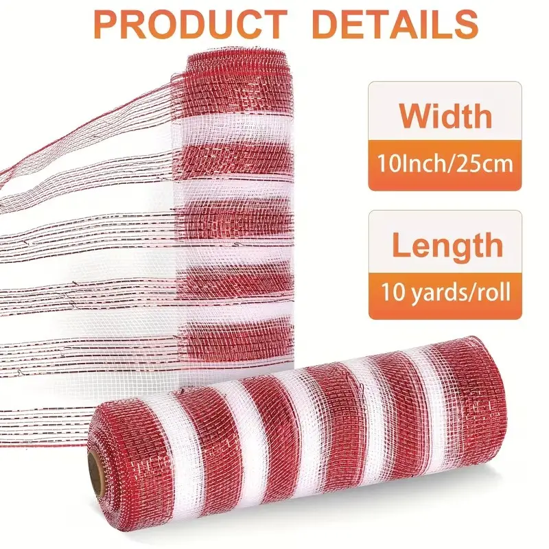2 Rolls Deco Mesh Ribbon Rolls 10 Inch 10 Yards (30ft) Metallic Mesh Fabric with Foil Decorative Mesh Ribbon for Wreaths Christmas DIY Crafts Halloween Decor Wedding Party Supplies