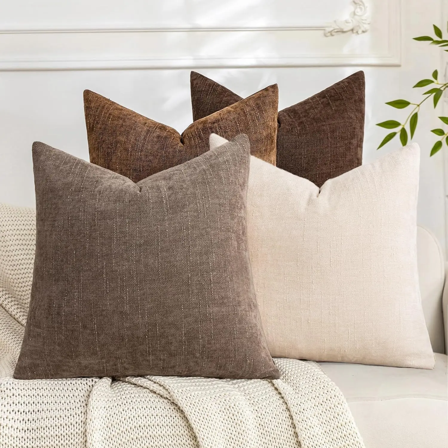 4PCS Soft Textured Throw Pillow Covers 18x18 Inch Cozy Decorative Farmhouse Cushion Cover Square Accent Pillow Cases for Bed Couch Sofa Living Room (Without pillow insert)