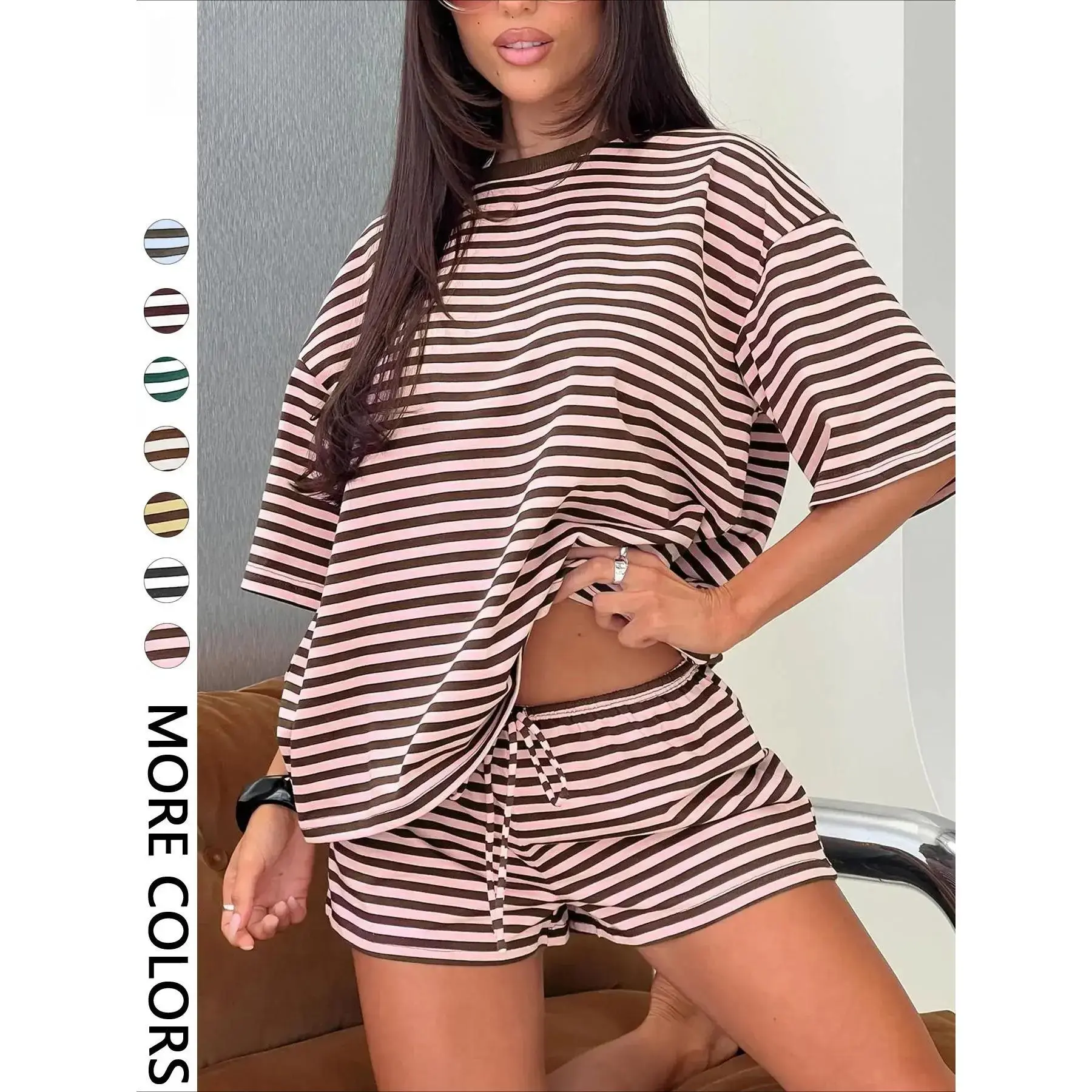 Women's Striped Print Two Piece Lounge Set Oversized Short Sleeve T-Shirt & Drawstring Shorts Soft Knit Y2K Matching Outfit