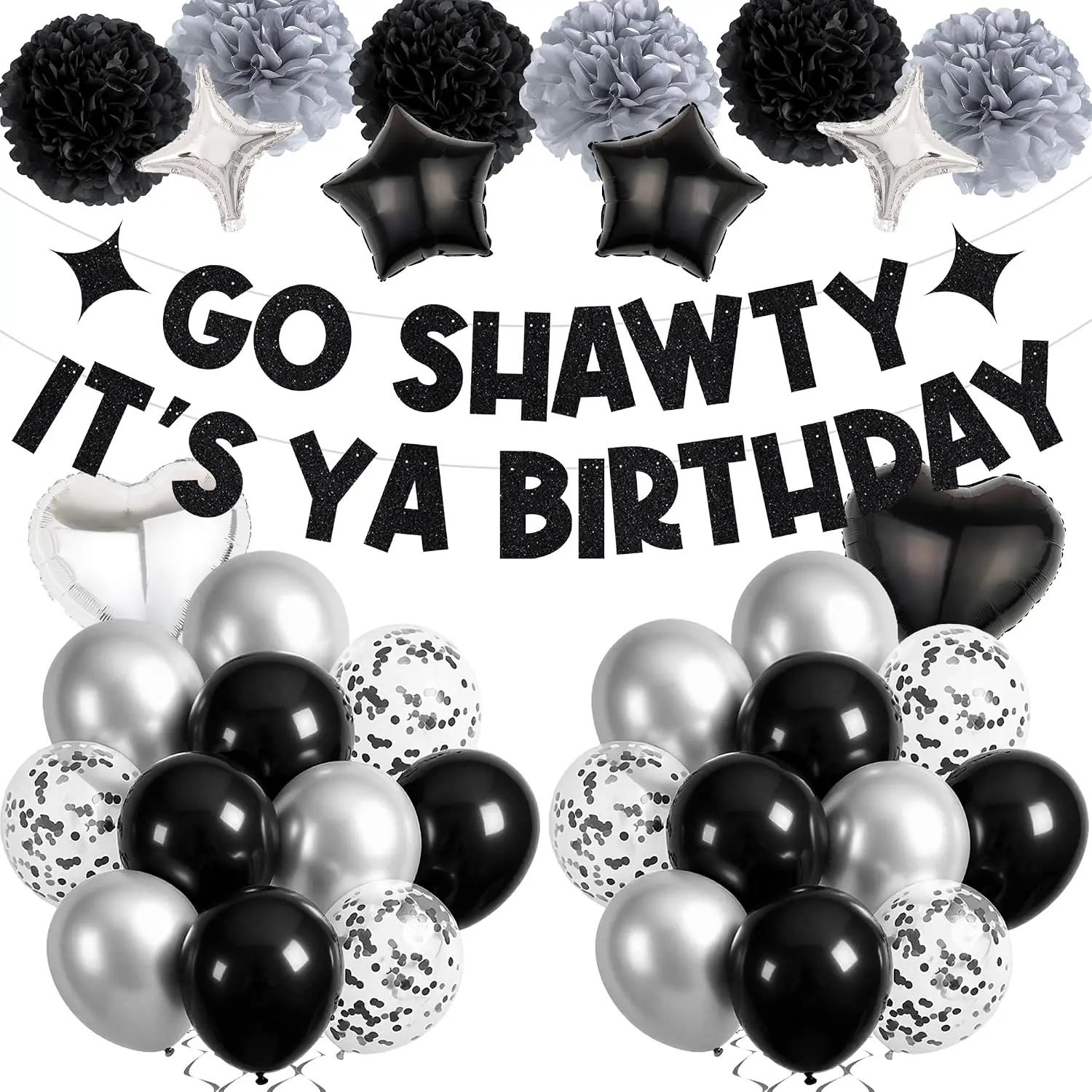 Go Shawty Birthday Party Decorations - Black Glitter Go Shawty It's Ya Birthday  Pop Banner, Rap Theme Bday Party Supplies with Banners Balloons Paper Pompoms for Men Women Boys Girls