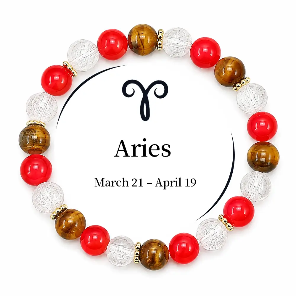 Aries Constellation Manifestation Bracelet, Tiger Eye Red Agate Clear Quartz Beaded Jewelry, Unisex Prosperity & Positive Energy Crystal Bracelet, Grounding Protective Healing Amulet, Trendy Boho Bead Bracelet Gift for Aries