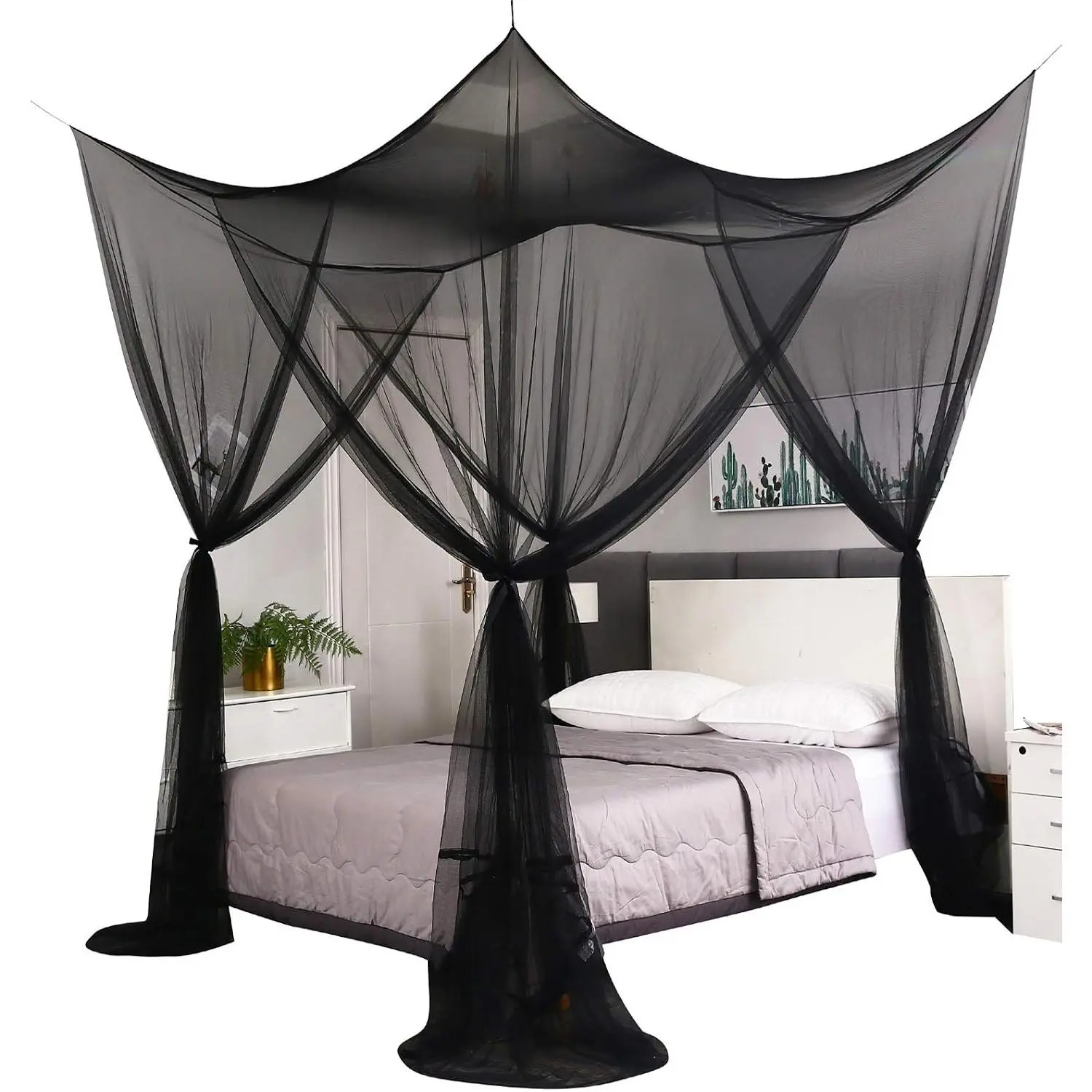 Bed Canopy, Canopy Bed Curtains Bed Drapes for Full Queen King Size Bed, Mosquito Net for Patio Indoor Outdoor, Black Bed Canopy Curtains for Gothic Style and Halloween Decoration