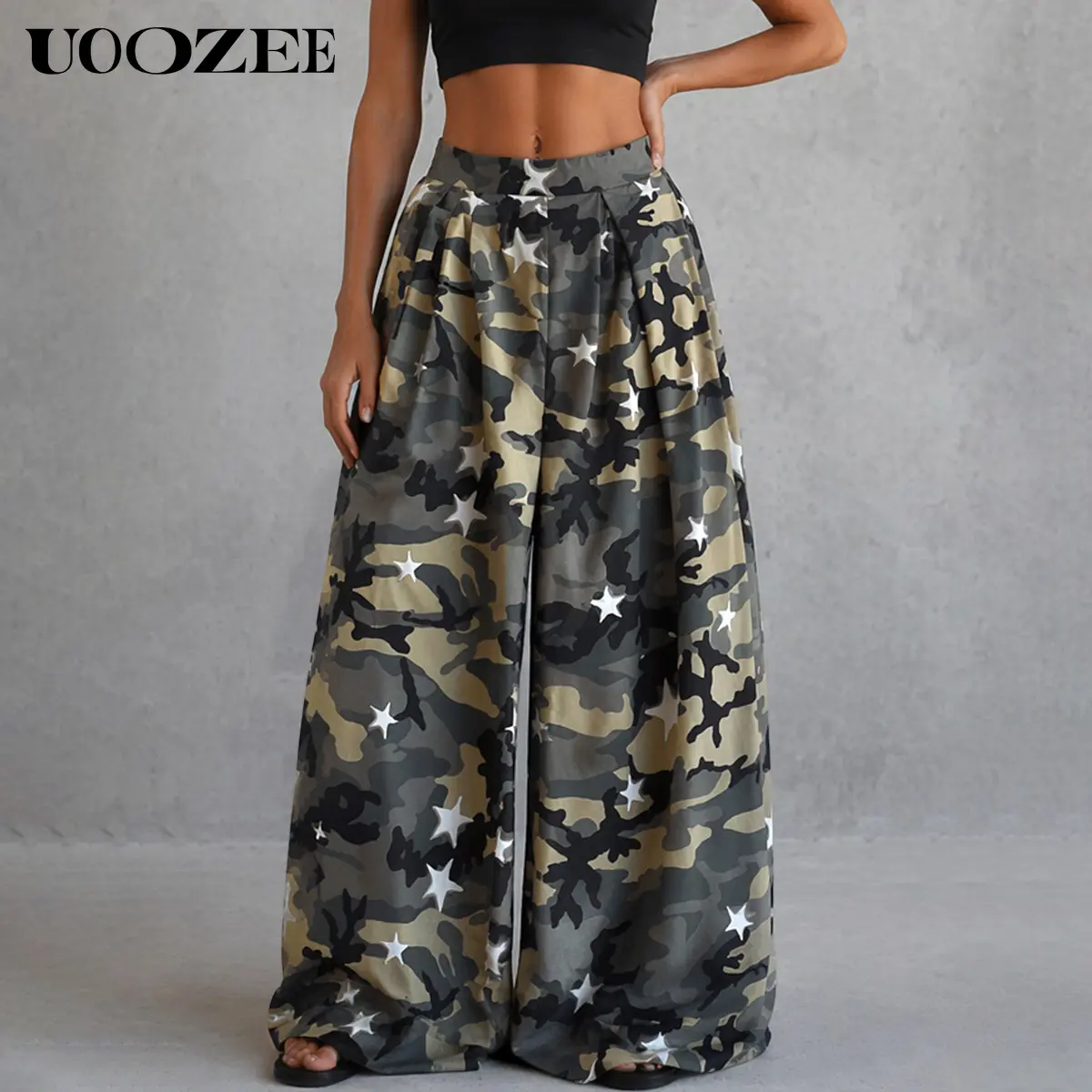UOOZEE Women's Camouflage Star Print Streetwear Baggy Oversized Wide Leg Palazzo Pants - Half Elastic High Waist Pleated Trouser with Real Pockets, Non-Stretch 100% Polyester Casual Bottoms for Spring Fall, Size Up 1 for Curvy Figures, Fit, Comfortable
