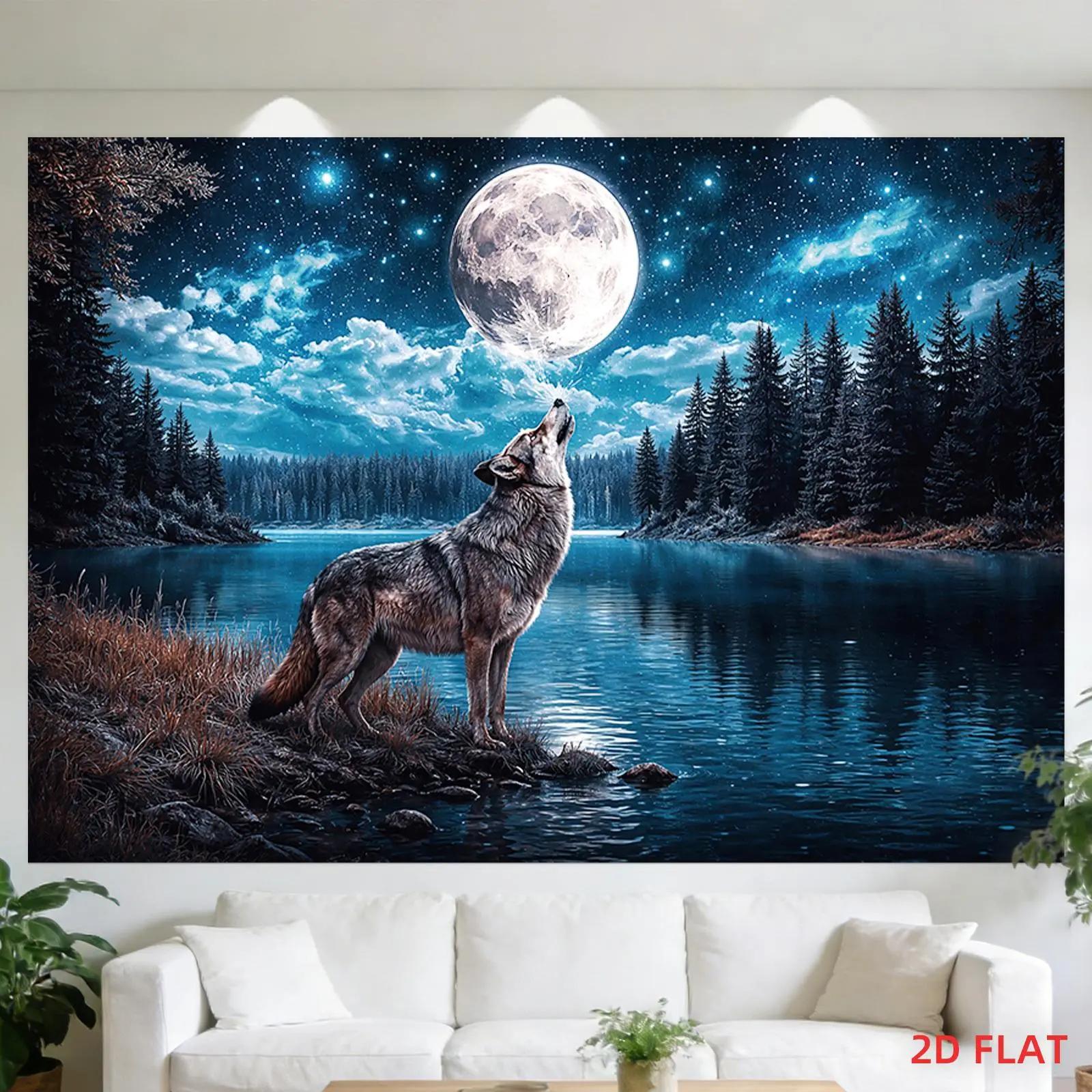 Polyester Fabric Hanging Wolf Howling at The Moon Over a Lake Night Sky Tapestry - Lightweight Indoor/Outdoor Wall Decor, Ideal Gift for Bedrooms, Living Rooms, Nature Theme, Wolf Scene