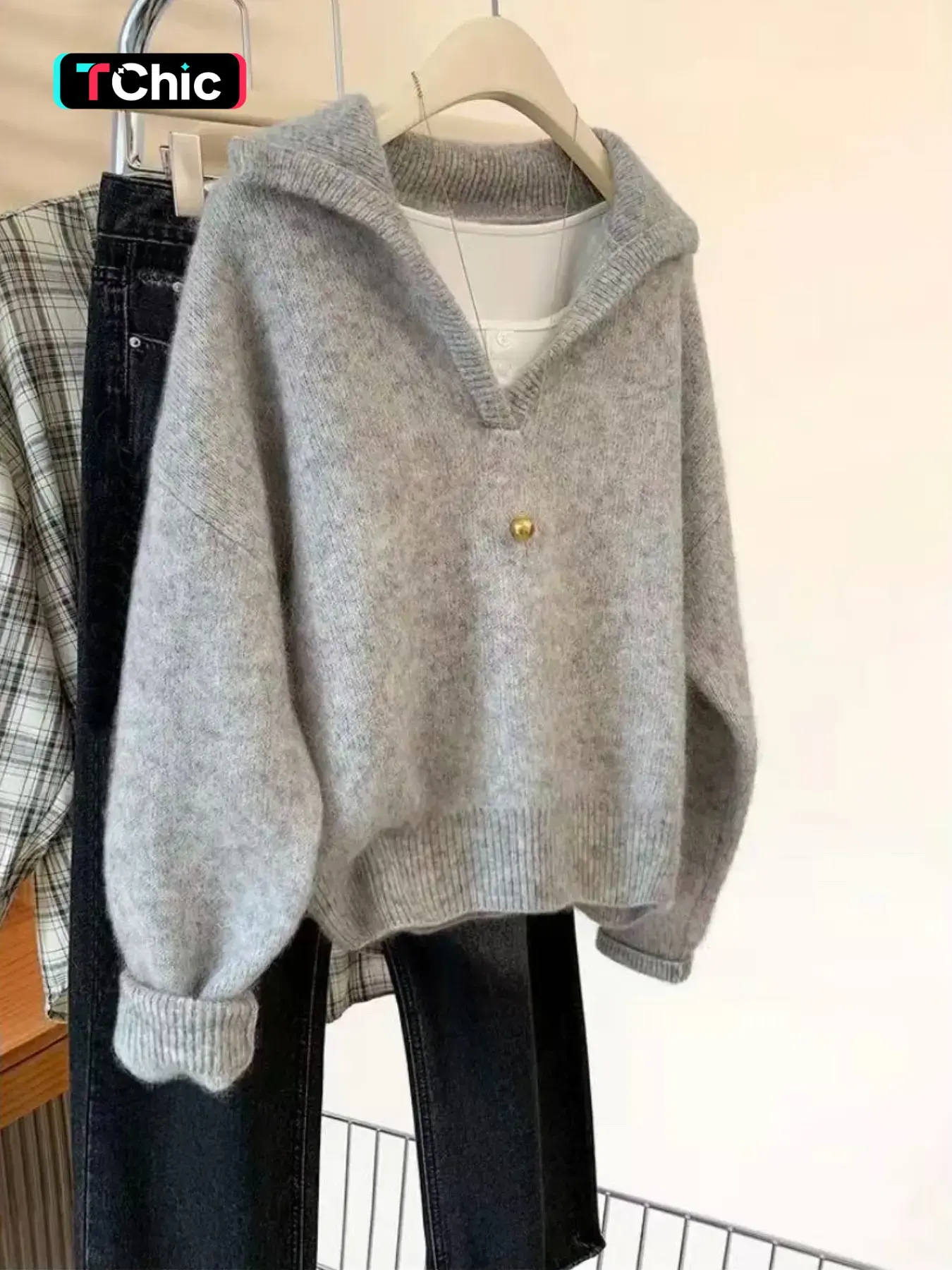 Women's Oversized Knitted Pullover, Large Lapel Collar Loose Fit Casual Long Sleeve Sweater, Warm Fall Winter Top, Knitwear