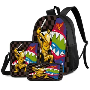 A three-piece backpack set with a gold samurai pattern, suitable for sports travel and everyday item storage. Ideal for teenagers and young adults, it boasts a large capacity and is hand-washable.