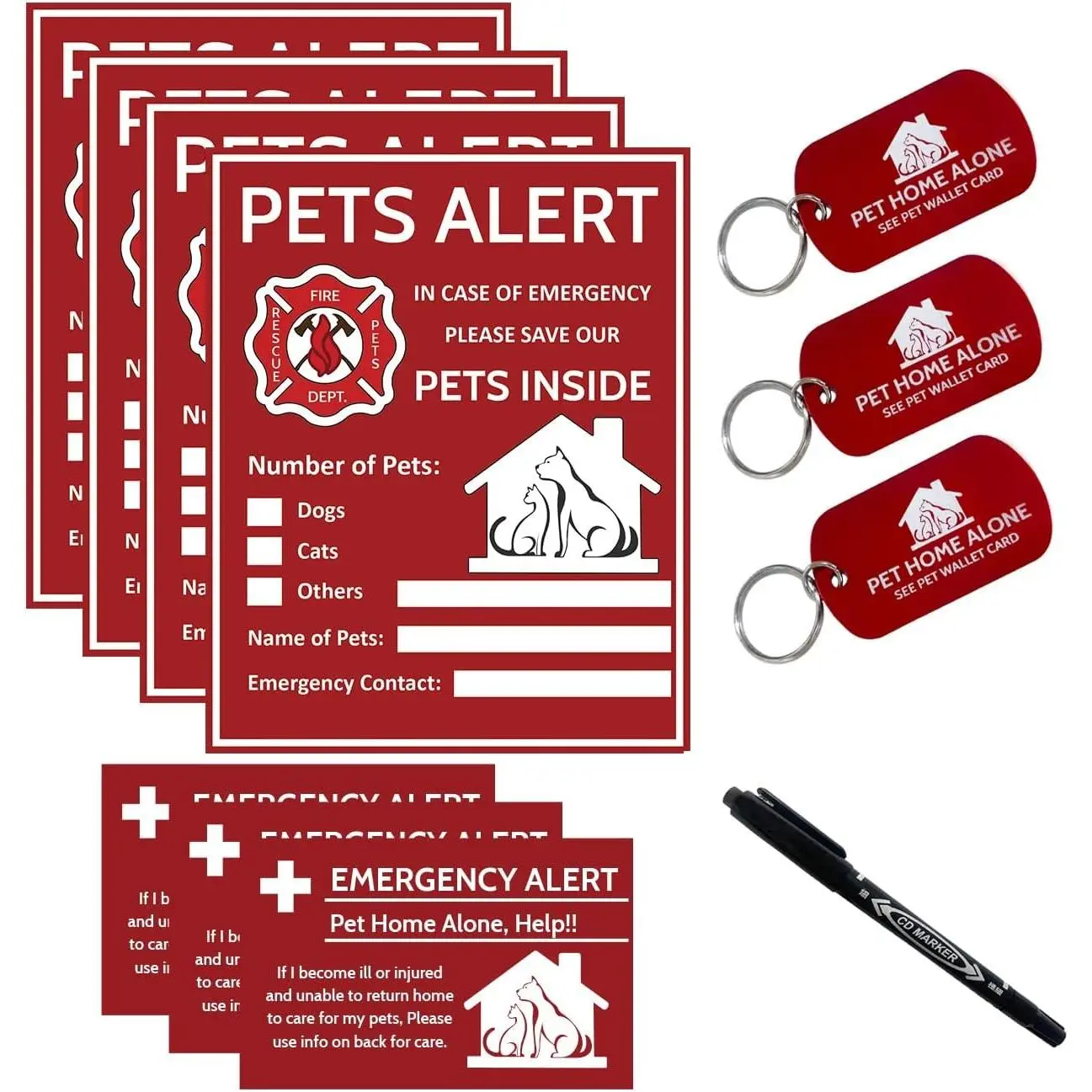 Sticker - Pet Inside Sticker, Safety Alert for Pets Inside, Save My Pet in Case of Emergency, Rescue Pets Decal for House Window Door - 4 Pack with Wallet Card & Key Tag
