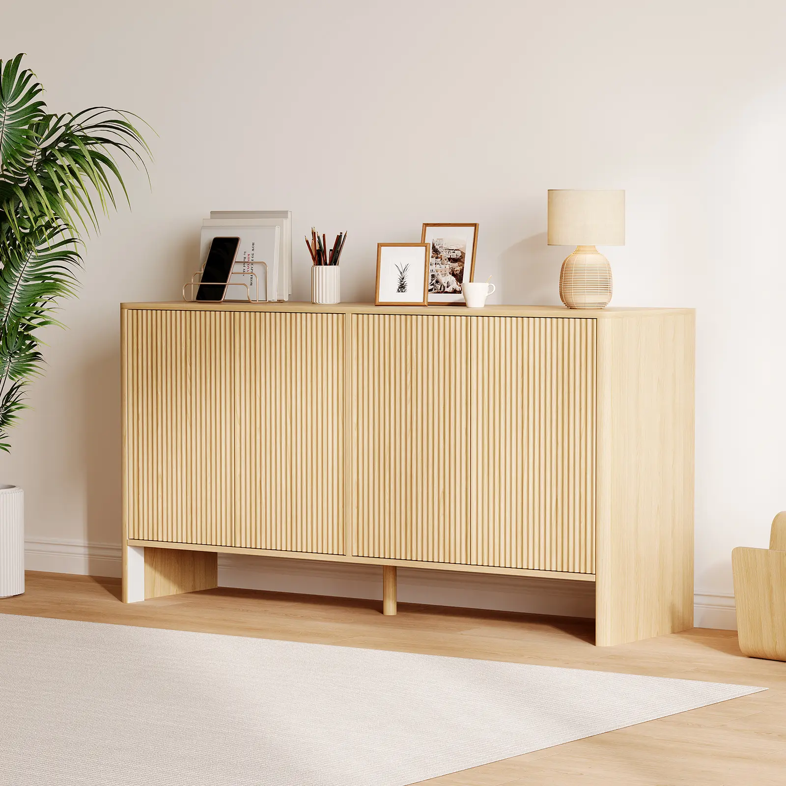 Modern Farmhouse Sideboard Buffet Cabinet with Storage, 58" Wood Fluted Coffee Bar Cabinet for Living Room Kitchen, Curved Design Buffet Console Table