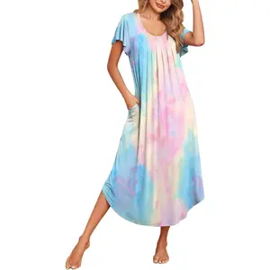 Long Nightgowns for Women with Pockets Short Sleeves  for Women Casual Maxi Dress House Dresses