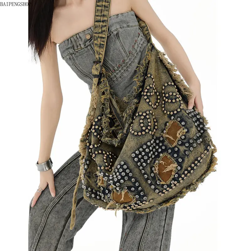 2026 New Y2K Punk Denim Backpack For Women, Convertible Adjustable Strap Multiway Crossbody & Shoulder Bag, Trendy Casual Daypack For Daily Shopping Outdoor Travel Outfits