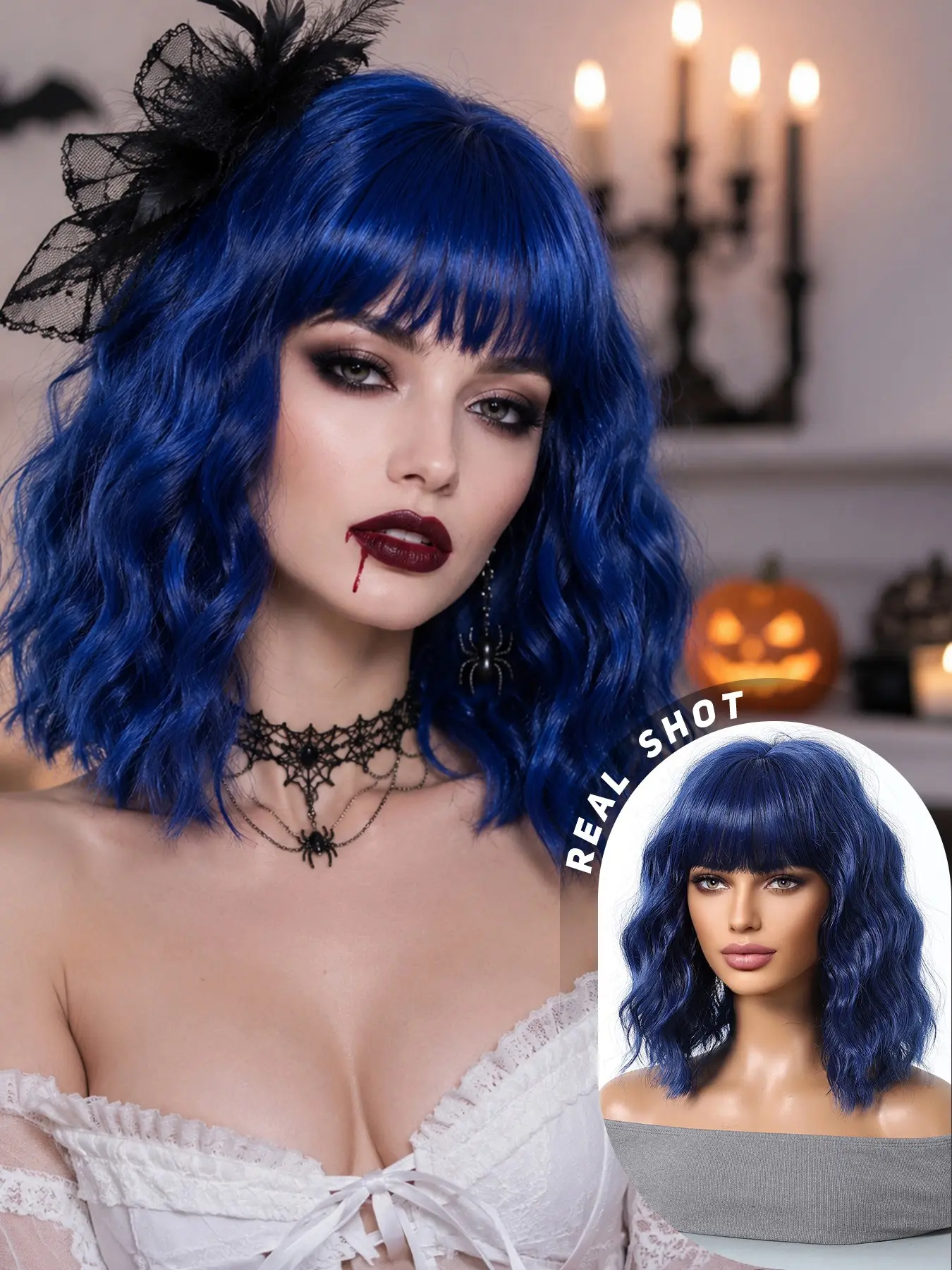 Halloween Mechanic Synthetic Wig for Women, Short Wavy Royal Blue Vampire Style, Bangs Egg Roll Head, Cosplay Party Wig, 14 Inches