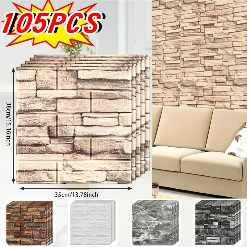 105pcs Wall Stickers for Home Renovation, Peel and Stick Foam Brick Texture, Suitable for Kitchen, Living Room, Bedroom, Ceiling Decor