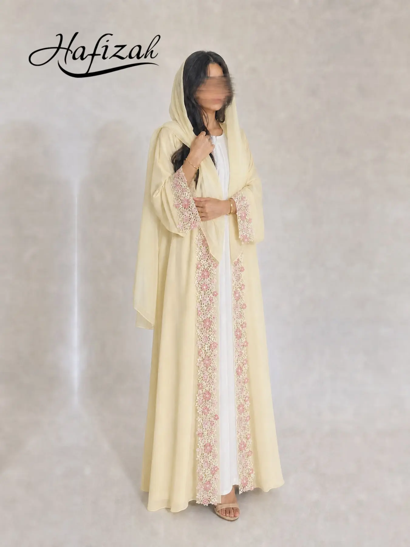 Hafizah Elegant Women’s Abaya with Matching Hijab, 2-Piece Floral Crochet Lace Maxi Dress, Wide Sleeve Dubai Kaftan for Ramadan Eid