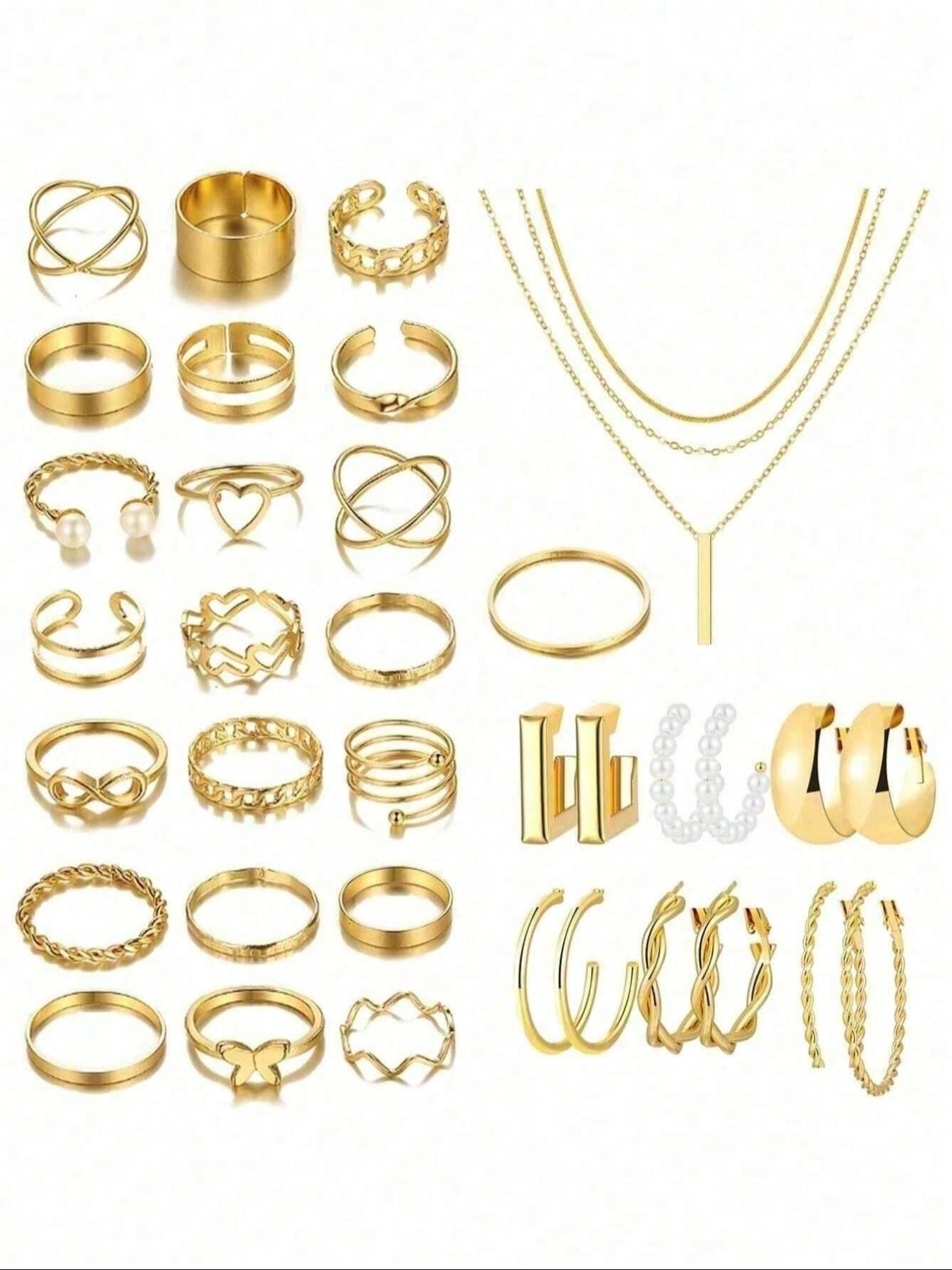 Vintage Jewelry Set, Butterfly Heart Pearl Star Moon Rhinestone Wide Ring Snake Chain Braid Geometric C Earrings Necklace Bracelet Gift