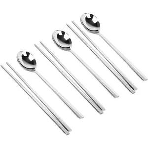 Polished Stainless Steel Spoons and Chopsticks Set, Korean Chopsticks and Spoons tableware with long-hand, Reusable, set of 3-silver