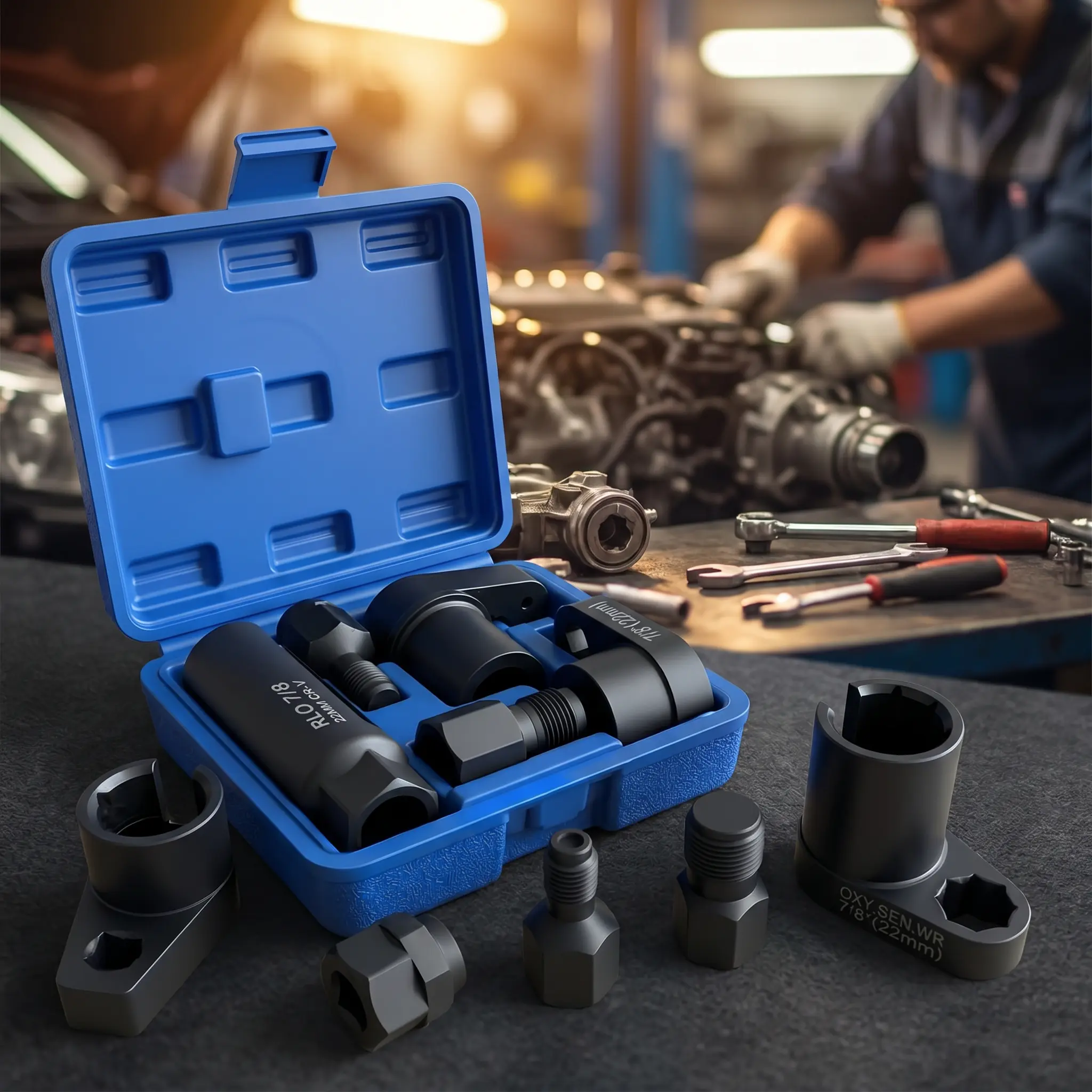 5PCS O2 Oxygen Sensor Wrench & Thread Repair Kit, 1/2 & 3/8 in Drive, 7/8 in (22mm), Premium Removal Tool with Thread Chasers & Offset Wrenches, Heavy-Duty Automotive Kit for Easy Installation & Repair