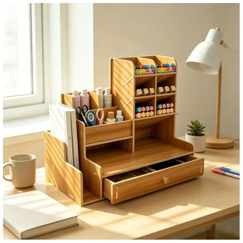 Wood-Frame Multi-Grid Caddy with Slanted Slots & Drawer, Large-Capacity Stationary Storage Organizer, Desktop Pen Holder for Student Kids (Art Markers, Pencils, School Supplies)