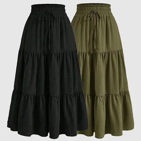 Women's 2 Piece Casual Drawstring Layered Ruffles Fitted Layered Ruffles Long Skirts, Thin Woven Fabric Lightweight Plain All Seasons Wear, Fitted Design Casual Fashion Skirt, Womenswear