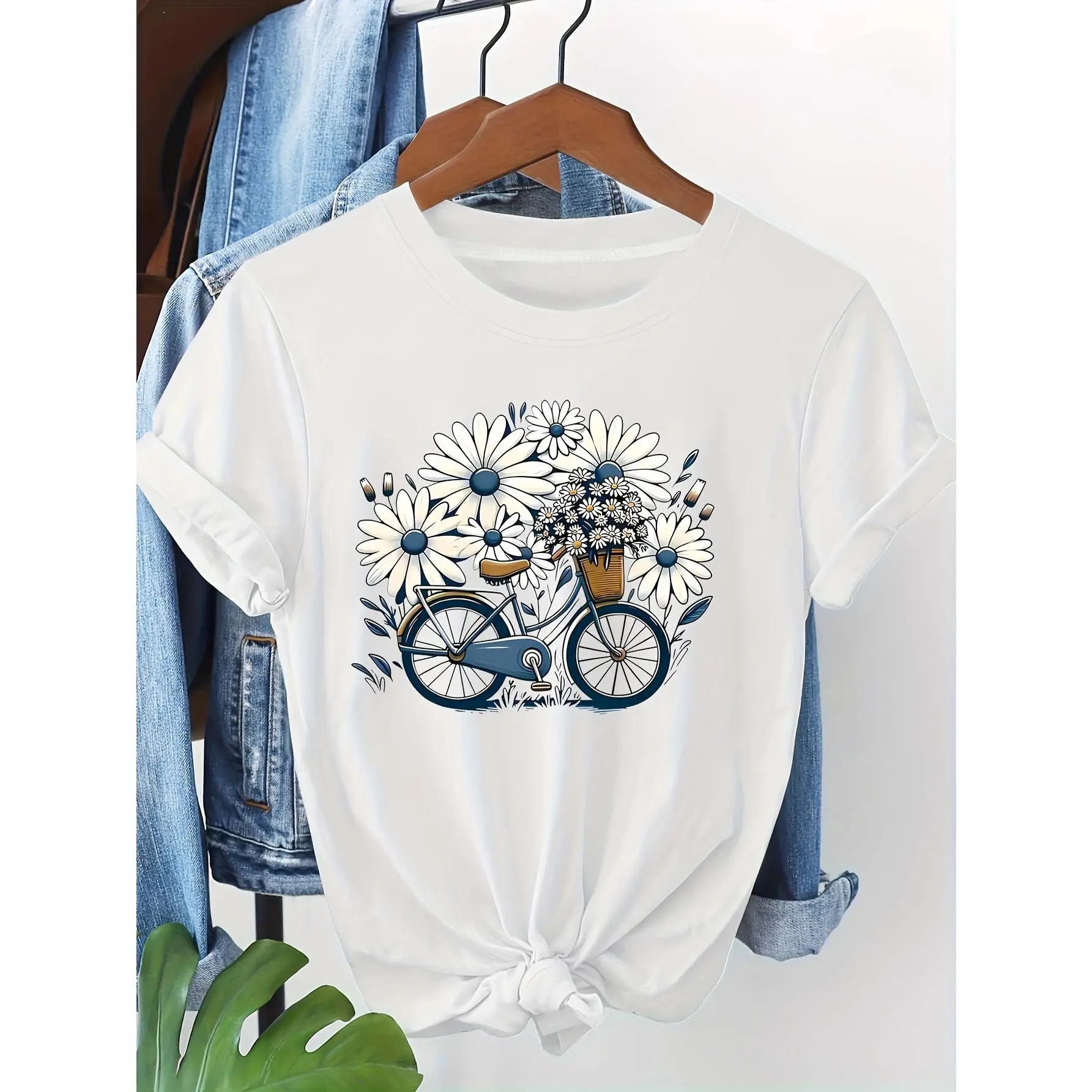 Biking Time with Daisies Graphic Print T-shirt, Short Sleeve Crew Neck Casual Top for Summer & Spring, Women's Clothing