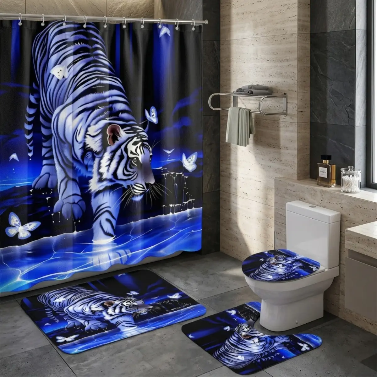 4pcs Blue Panther Shower Curtain Set with Neon Tiger Roar, Glowing Cat Pattern, Night Jungle Street Vibes, Halloween Party Decor for Bathroom, TikTok Trending Home Style, Bathroom Shower Curtains