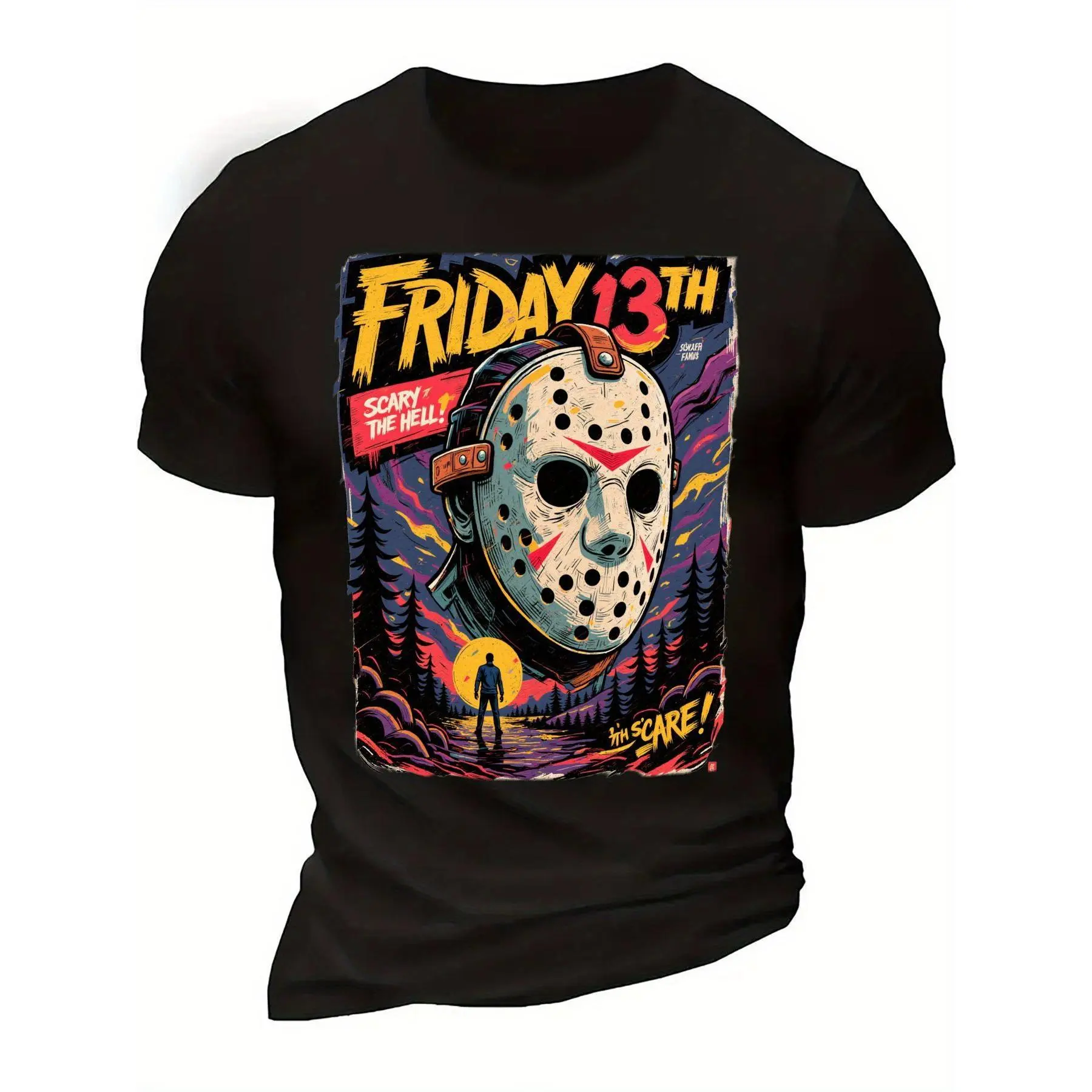Men's Retro Friday 13th Graphic T-Shirt - Black Tee Featuring Colorful Horror Theme with Hockey Mask, Bold Text and Scenic Background - Perfect for Halloween or Casual Wear