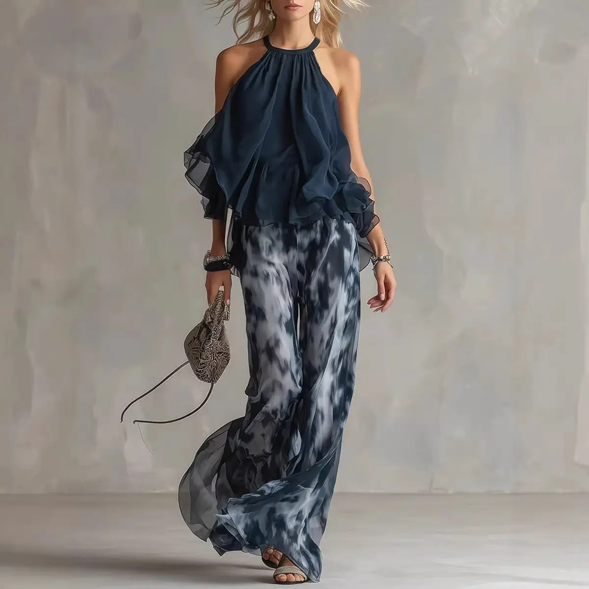 Women's two-piece summer set: sleeveless halter top and printed wide-leg chiffon pants