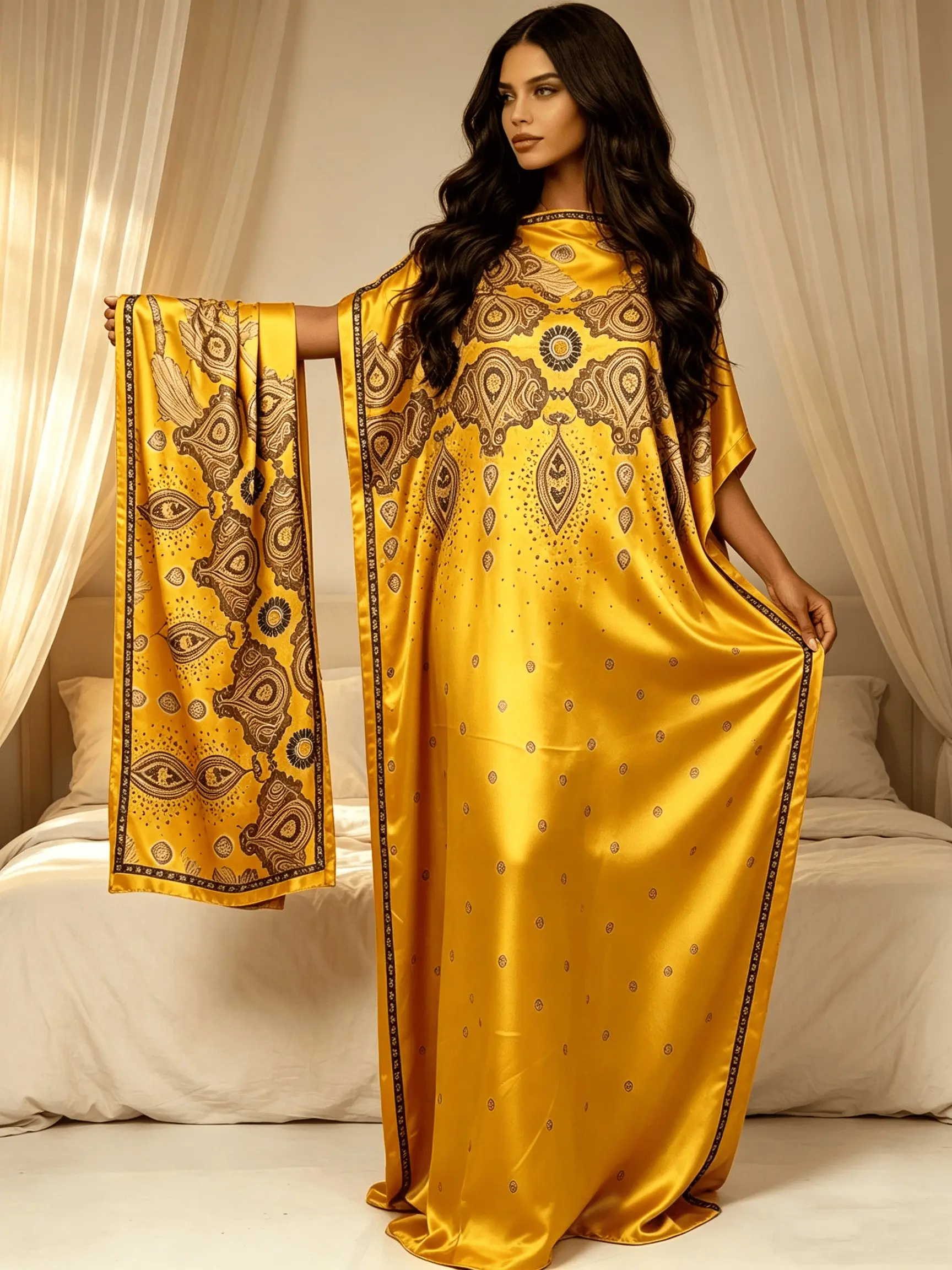Women Oversized Golden Yellow Vintage Paisley Printed Caftan Maxi Dress Two Piece Outfit With Scarf, Loose Flowy Split Side Kaftan Robe, Curvy Plus Size Beach Cover Up, Casual Bohemian Resort Wear, Lounge Night Gown, Summer Pool Vacat, Bohemian Vibes
