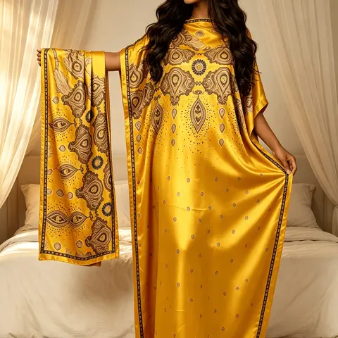 Women's Bright Golden Paisley Print Caftan Maxi Dress,  Bohemian Resort Wear, Beach Cover-Up, Summer Poolside Loungewear, Bohemian Aesthetic