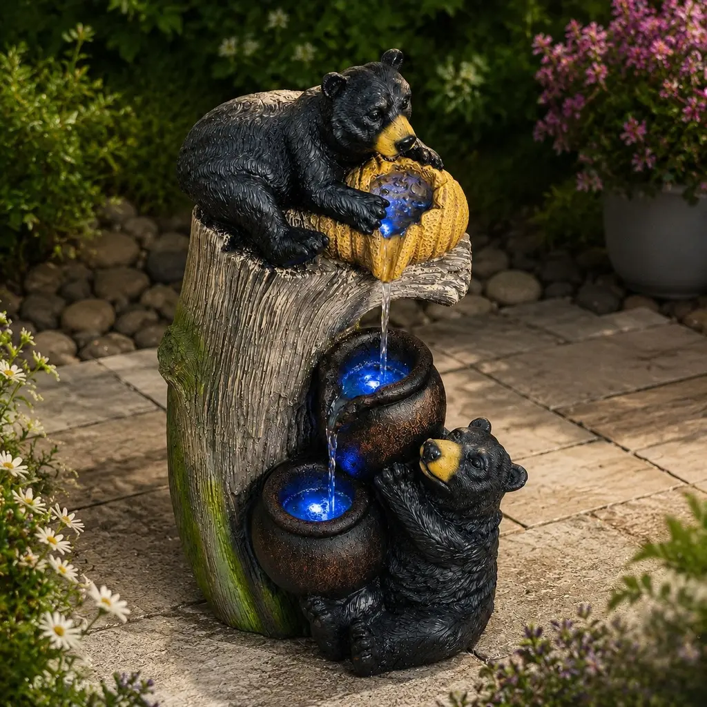 ARCH Bear Outdoor Tiered Cascade Water Fountain with LED Lighting, Pump, 23.62in Height, Stone Fountain for Patio, Balcony Garden Decor