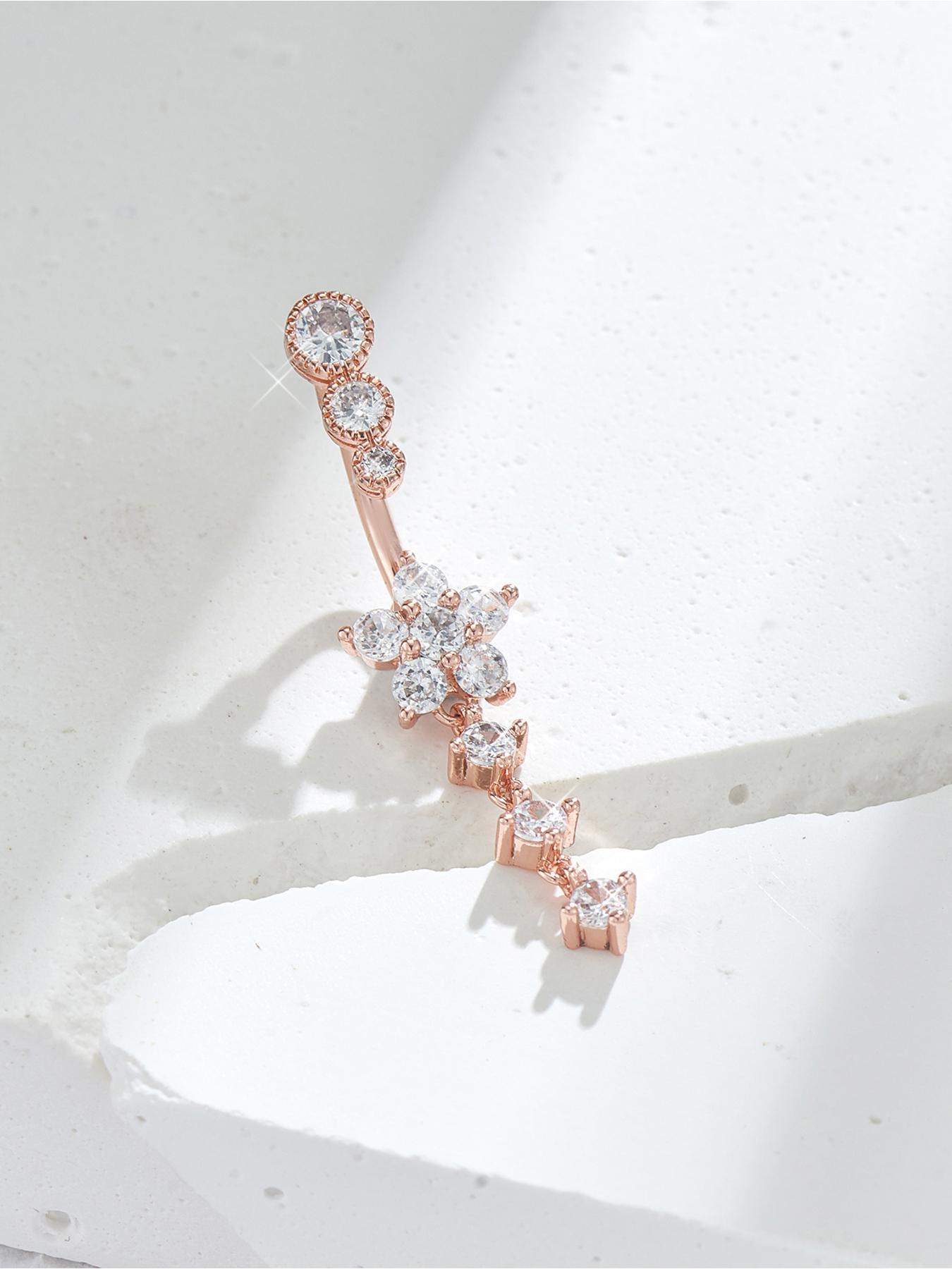 Flower Design Belly Ring, Elegant Rhinestone Decor Belly Piercing Jewelry for Women, Chic Body Jewelry, Fashion Accessories for Party, Daily Clothing Decor