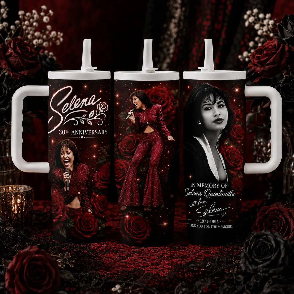 Selena Quintanilla 30th Anniversary 40oz Tumbler, Rose Memorial Cup with Handle Lid Straw, Music Fan Travel Mug Gift