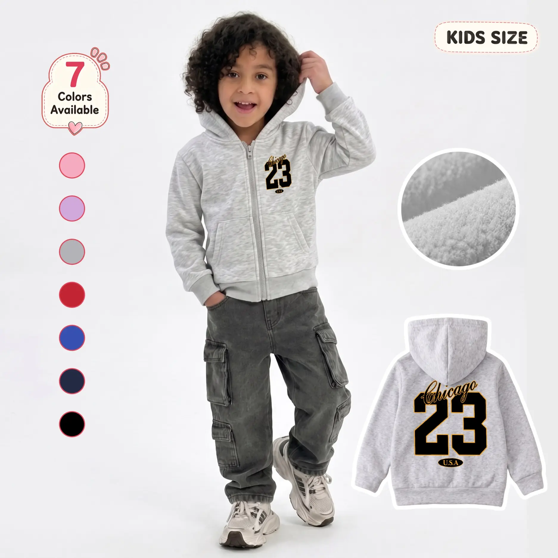 Kids’ Chicago 23 Graphic Zip-Up Hoodie - Long Sleeve, Regular Fit, Casual Sporty Hooded Jacket with Front Pockets, Front & Back Number Print, Casual Outerwear for School/Travel, Chicago Theme, Practical Pockets