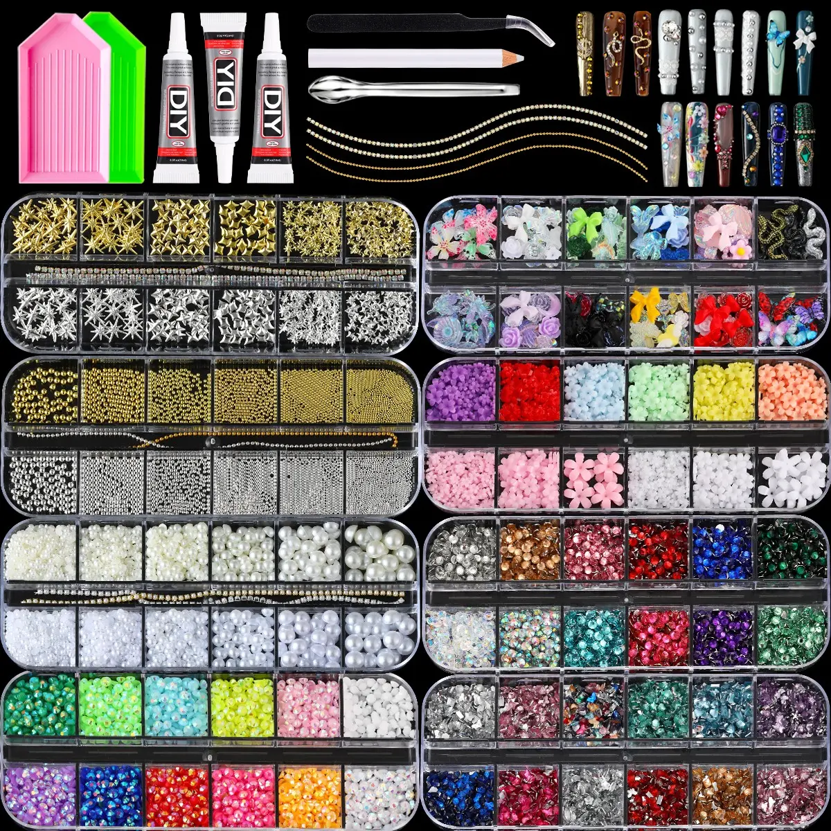 1Set Y2K Classic Alloy Multi-size Mini Steel Bead Four-pointed Star Thin Flakes Nail Charms Bling Flatback Nail Rhinestones Simulated Pearls Sweet Bows Flowers Mixed Nail Art Decorations DIY