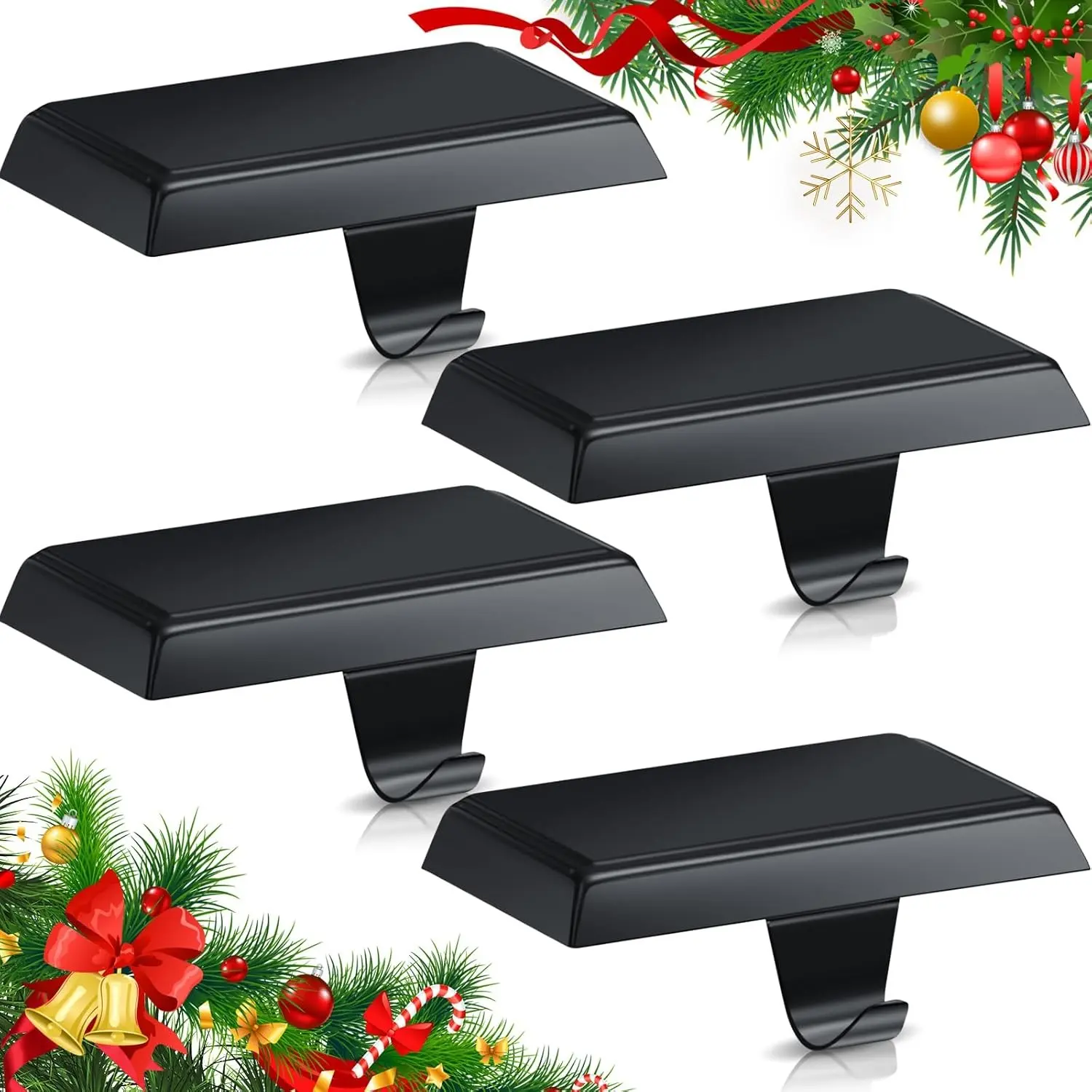 Christmas Stocking Holders for Mantle Weighted Stocking Holder Fireplace Hangers for Xmas Holiday Party Decoration(Stainless Steel,Black,4 Pcs)