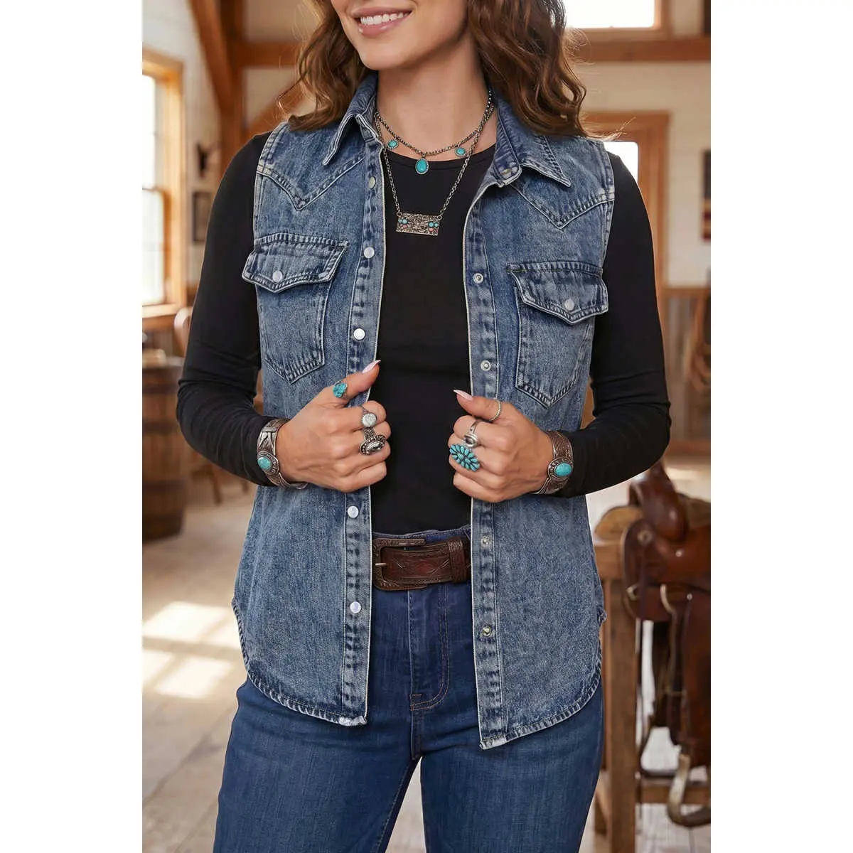 Women's Ashleigh Blue Solid Cotton Denim Sleeveless Cowboy Vest - Button Front, Pocket Design, Casual Top, Sleeveless Waistcoat, Sleeveless Waistcoat Women's Vests