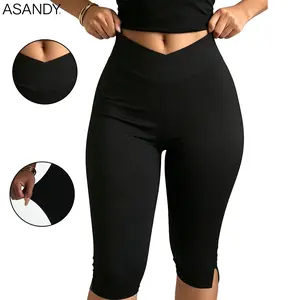 ASANDY High Waist Split Hem Cropped Capri Leggings Women Slim Elastic Yoga Workout Dressy Daily Outdoor Active Pants