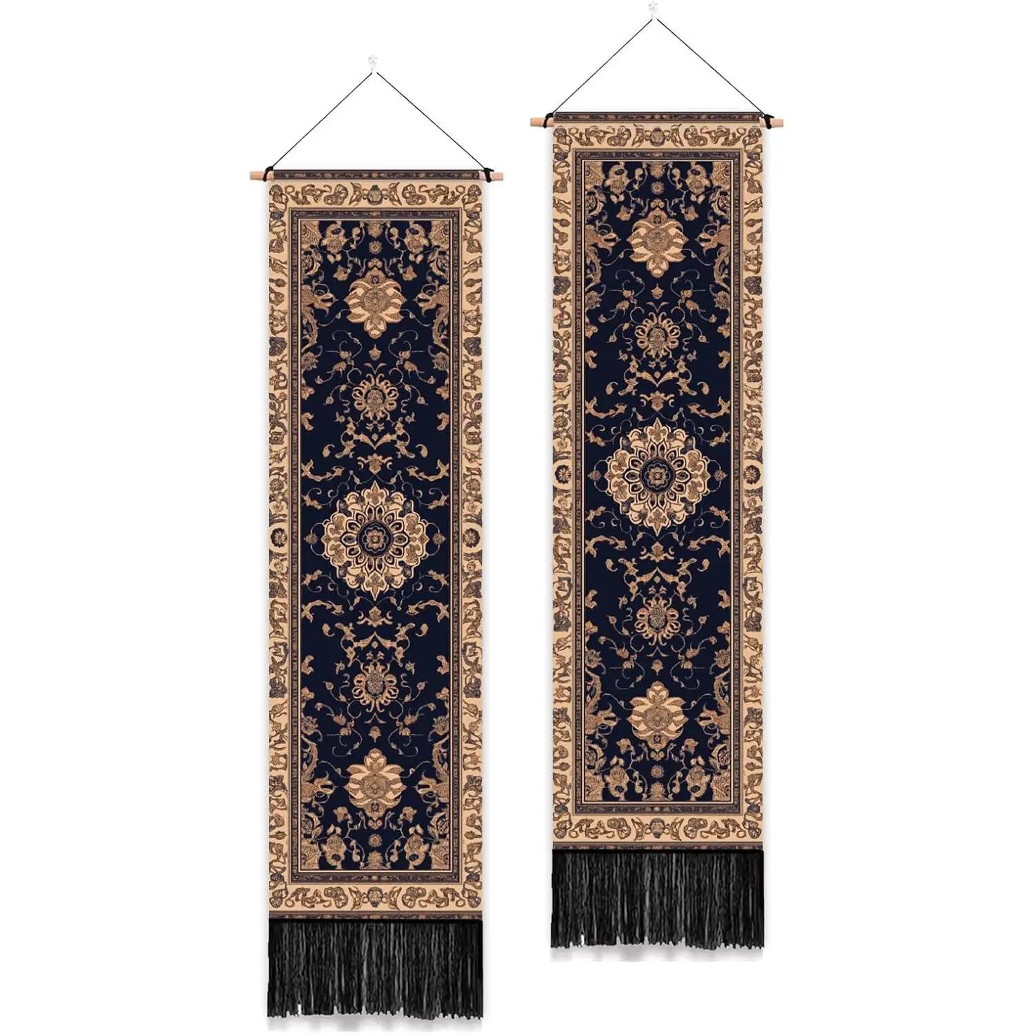 PLIGREAT 2 Pack Retro Wall Hangings, Boho Floral Tapestry with Tassels Vertical Aesthetic Wall Tapestry for Bedroom Living Room Home Decor Long Narrow Art Tapestries, 52" x 13"