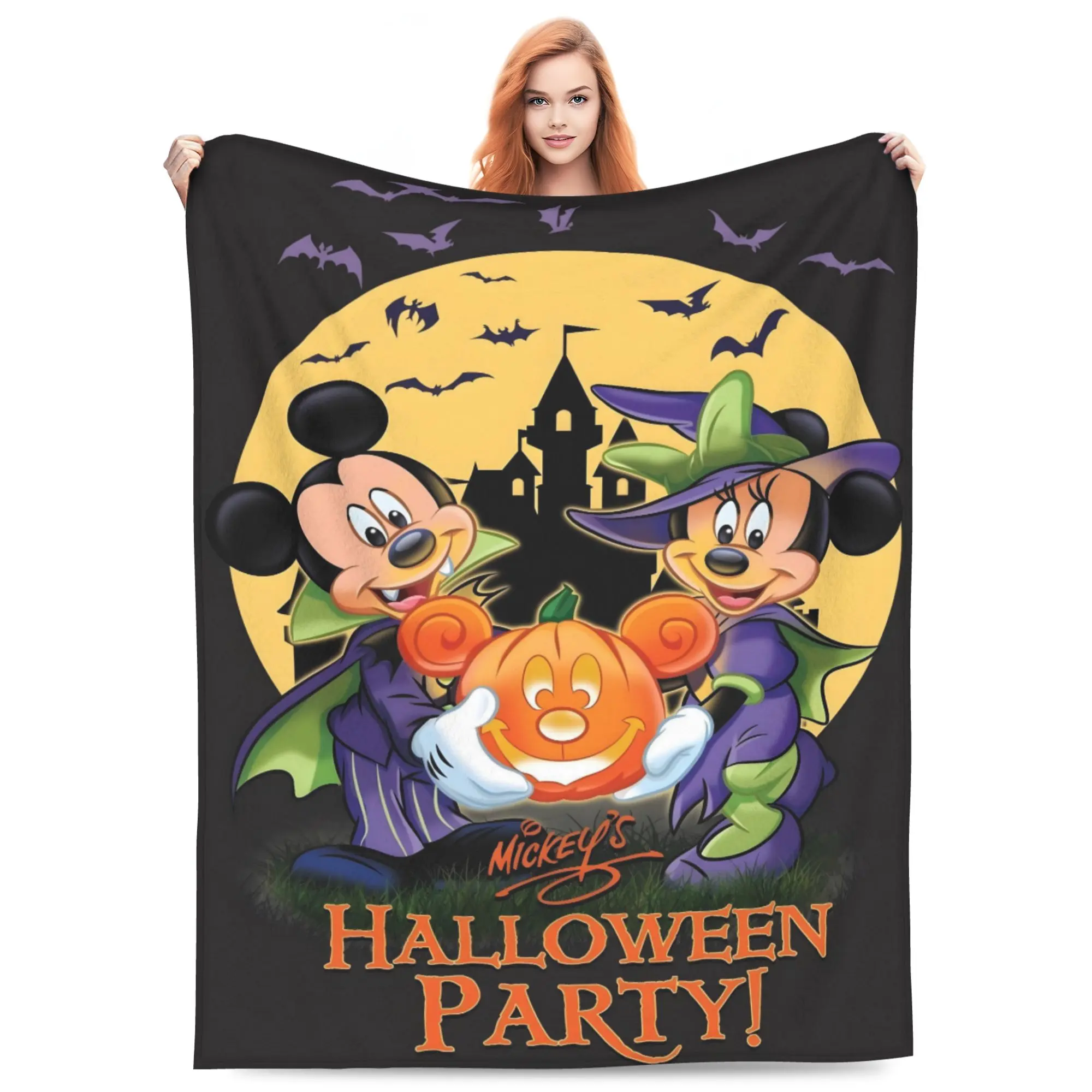 DISNEY CLASSIC Mickey’s Pumpkin Patch Throw Blanket, Mickey & Friends Spooky Costume Haunted Mansion Giant Yellow Moon Twisted Tree Jack-o'-Lantern Purple Background Flannel Fleece Blanket, lovely vintage-style Disney Halloween souvenir.