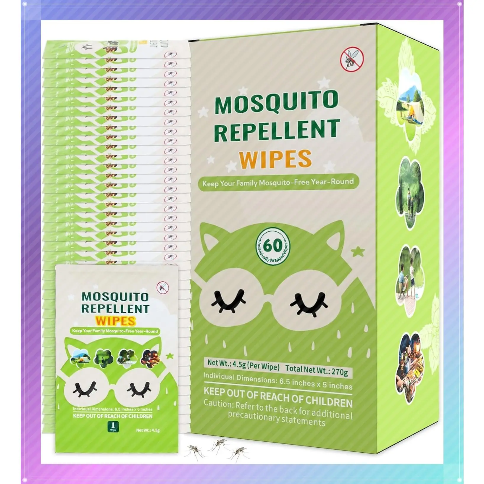 60 Pcs Individually Wrapped Mosquito Repellent Wipes - Natural Plant-Based Essential Oils, Safe & Effective Long-Lasting Insect Protection for Outdoor ActivitiesGift