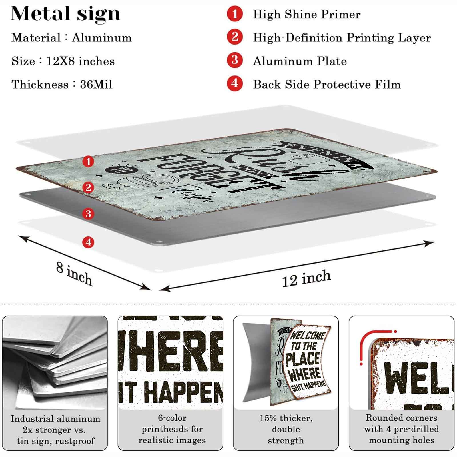 8x12 Inch Aluminum Metal Sign - "Even In A Rush Don't Forget To Flush" Vintage Bathroom Rules Decor |   Ideal for Home, Bar, Restaurant, Diner, and Public Restrooms |   Retro Rustic Tin Plaque, Easy to Mount, Timeless Bathroom Accessory