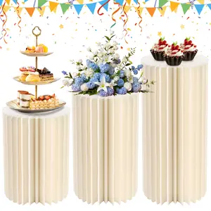3 Cylinder Stands for Party, Round Foldable Cylinder Pedestal Stand with Acrylic Disc for Baby Shower, Birthday, Wedding, Event Centerpieces and Display Decor, Ivory